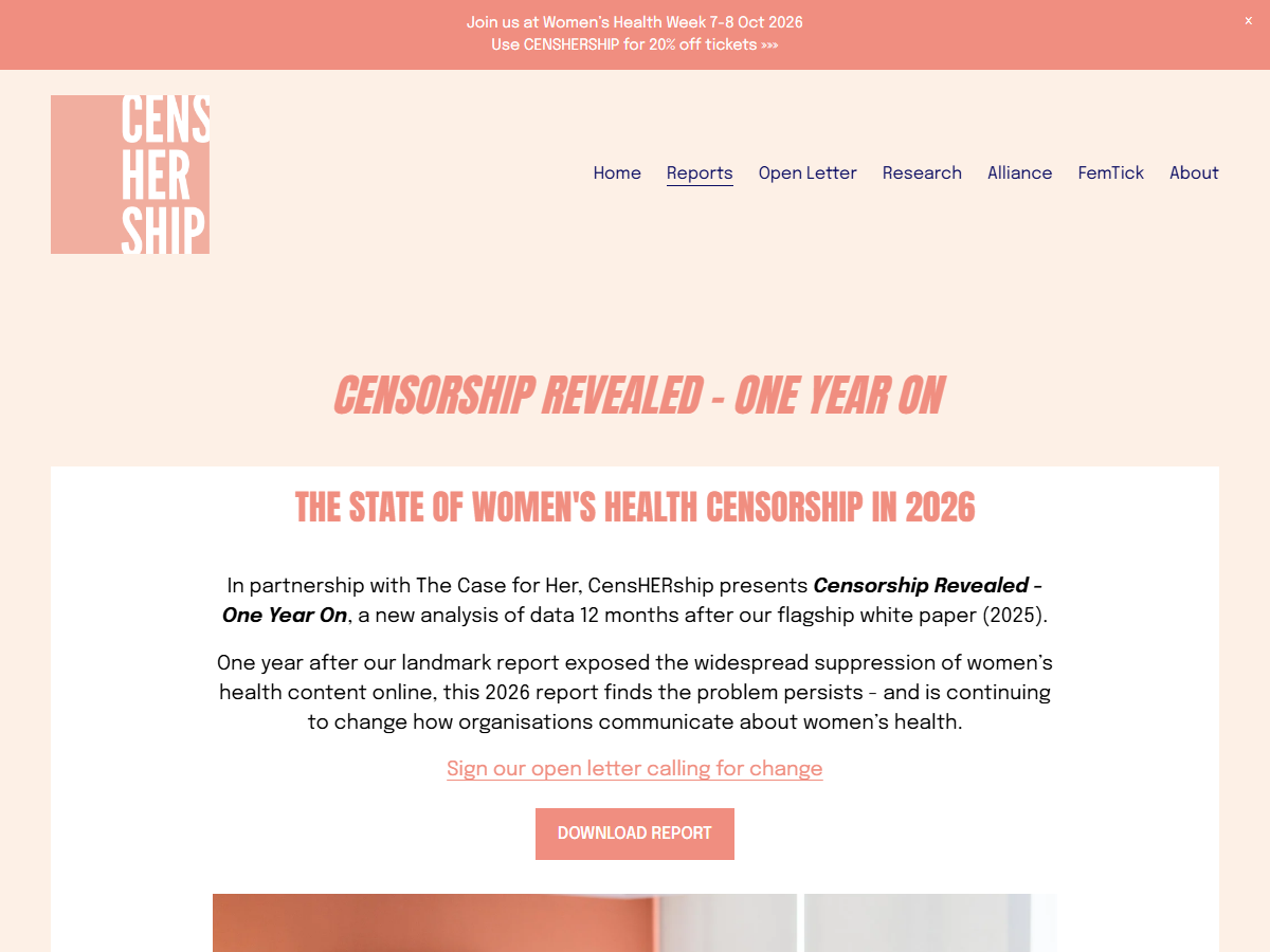 Report artwork: Censorship Revealed: One Year On — The State of Women’s Health Censorship in 2026